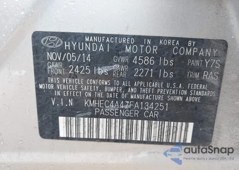 2015 Hyundai Sonata Hybrid z USA, uszkodzony, nr VIN KMHEC4A47FA134251